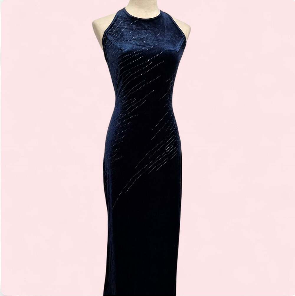 Vintage 90s Jump Apparel Co. Navy Blue Velvet Sparkle Backless Halter Gown Dress